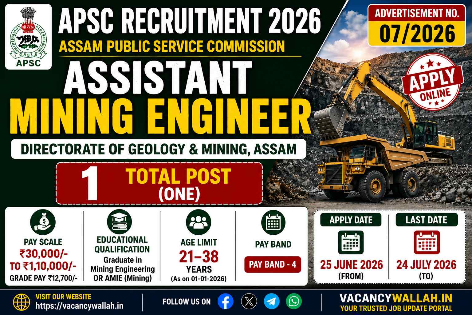 APSC Assistant Mining Engineer Recruitment 2026 Notification Out for 1 Post: Apply Online, Eligibility, Age Limit & Salary