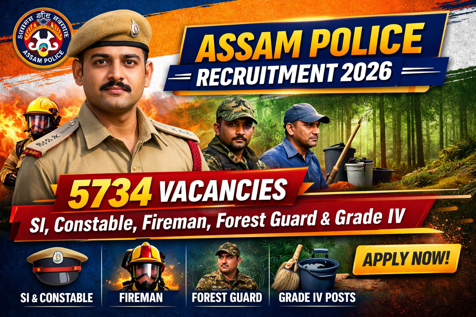 ASSAM POLICE RECRUITMENT 2026 – 5734 SI, CONSTABLE, FIREMAN, FOREST GUARD, GRADE IV & OTHER POSTS