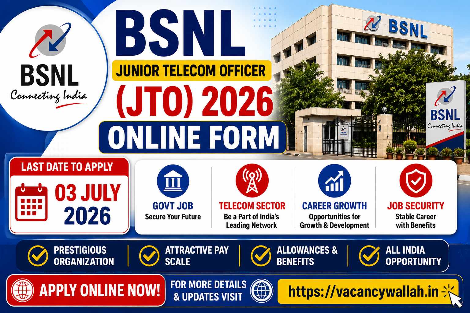BSNL JTO Recruitment 2026 Notification Out for 100 Posts, Apply Online Before 03 July, Check Eligibility & Salary