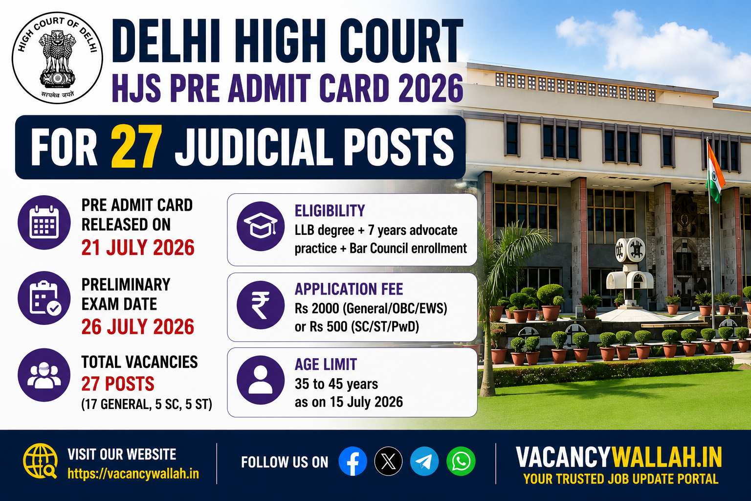 Delhi High Court HJS Pre Admit Card 2026 Released for 27 Judicial Posts