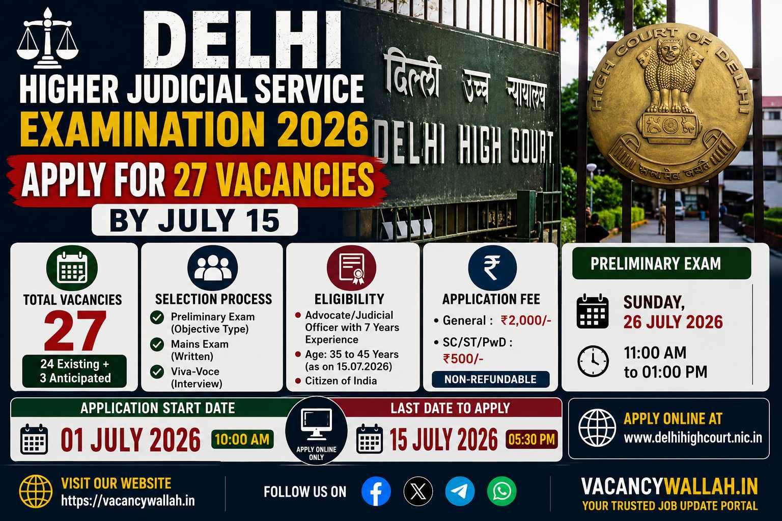 Delhi Higher Judicial Service Examination 2026: Apply for 27 Vacancies by July 15
