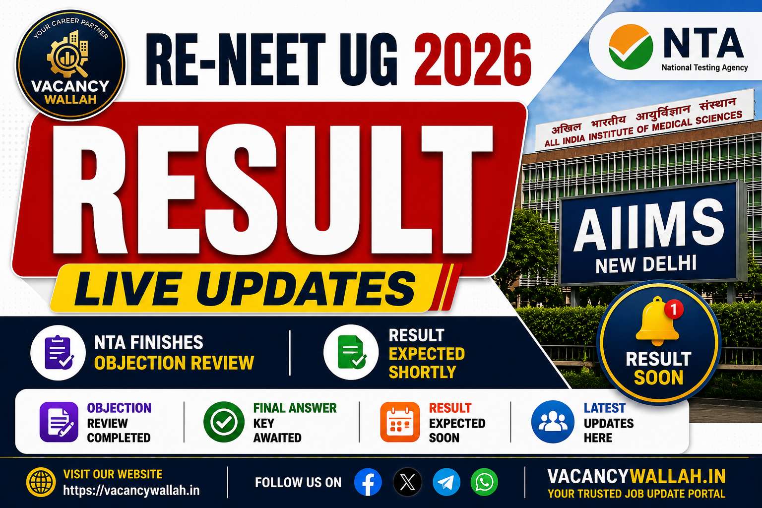 RE-NEET UG Result 2026 Live Updates: NTA Finishes Objection Review, Result Expected Shortly