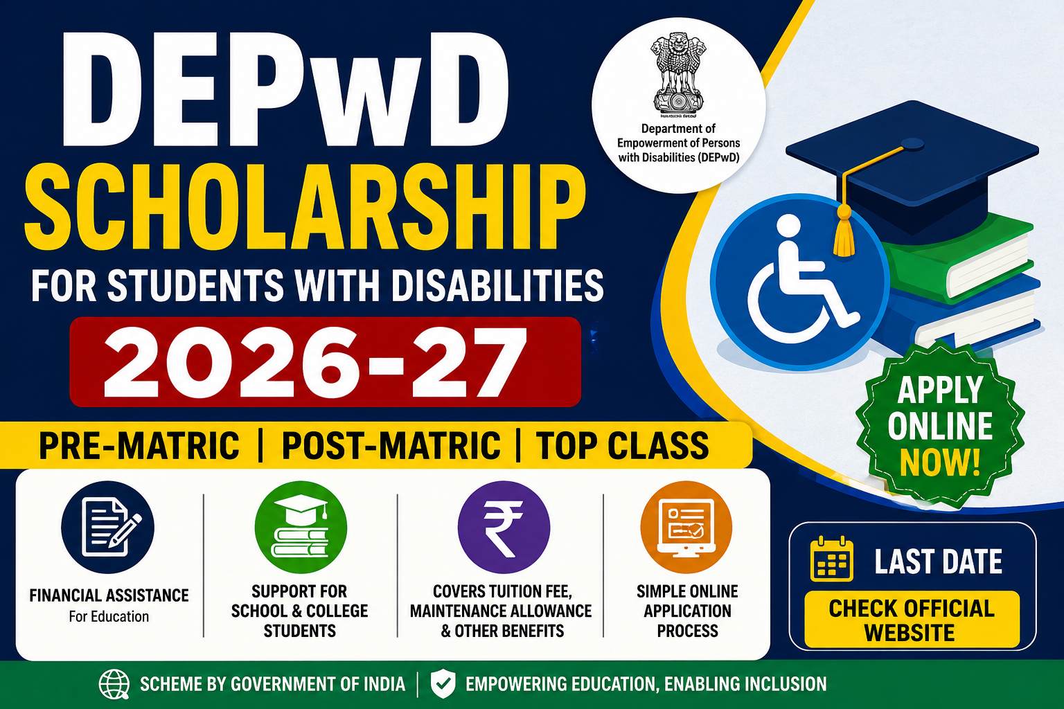 DE PwD Scholarship 2026-27 Apply Online for Pre-Matric, Post-Matric & Top Class Education | Last Date, Amount & Eligibility